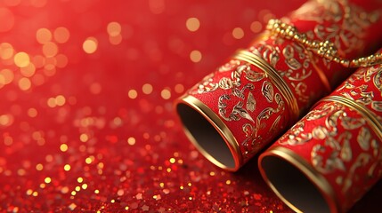 Festive Red Gold Cylinders on Glittery Background Chinese New Year Celebration