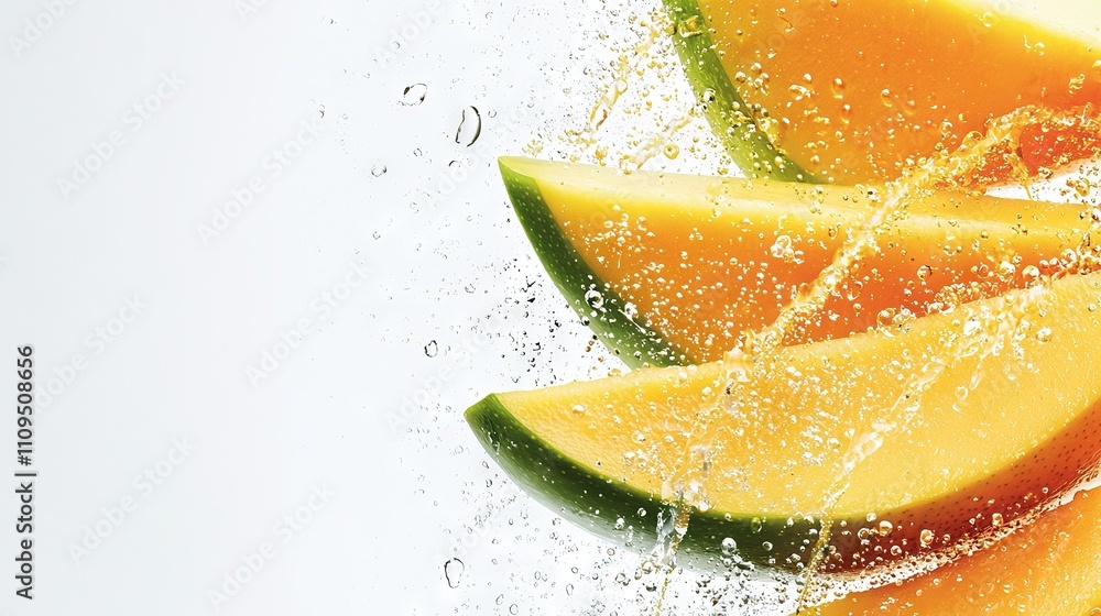 Poster a close-up of a fruit slice with water splashing from the top and bottom