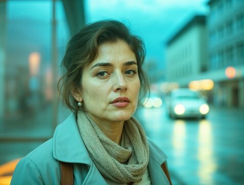 mitaged woman at the city street, urban style, cold weather