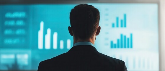 A businessman analyzes data trends on a large screen, focused on insightful graphs and statistics in a modern office environment.