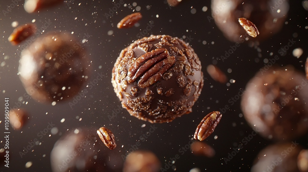Poster a close-up of a doughnut with pecans scattered around it on a black surface, featuring droplets of w
