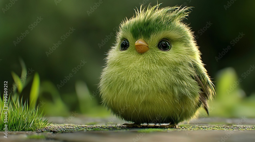Poster a picture of a tiny emerald-colored bird resting on the grass, with tree trunks visible in the backg