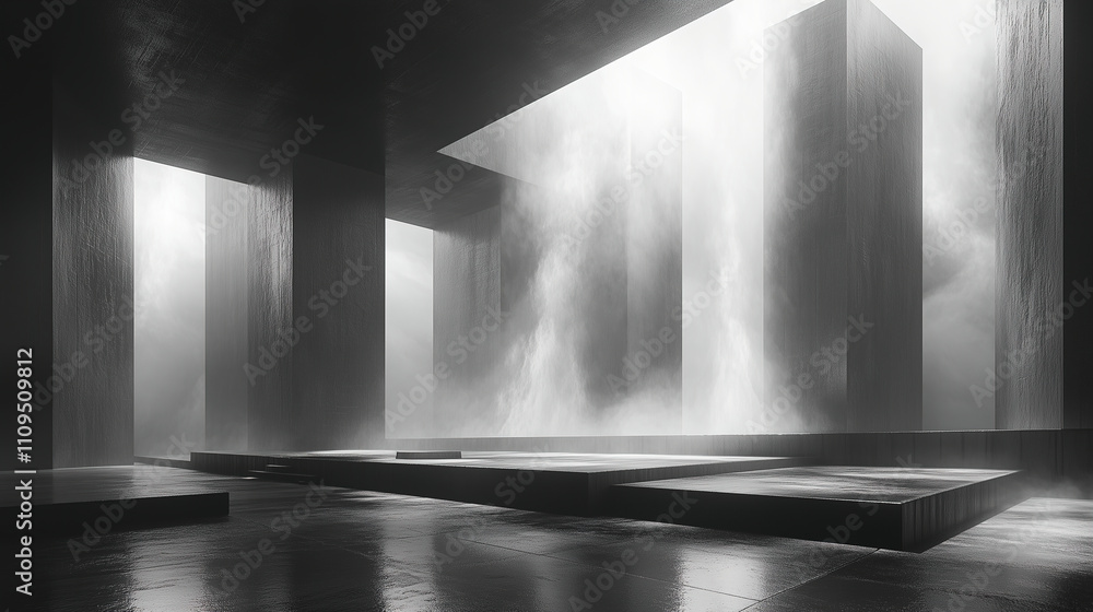 Poster moody interior space with large geometric structures illuminated by soft light and cascading water. 