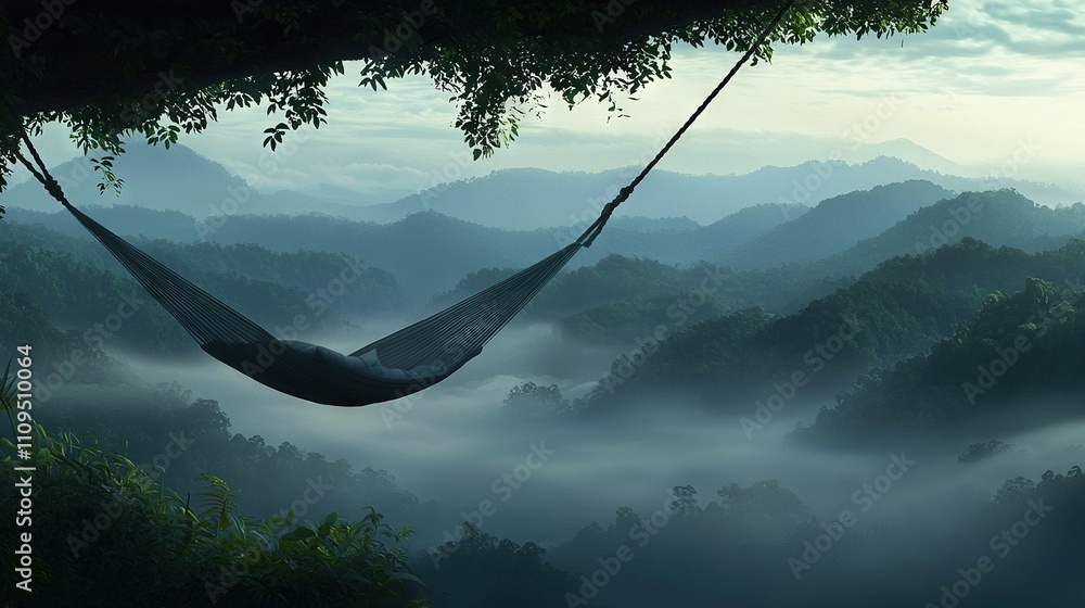 Poster hammock hanging from a tree in a foggy forest with mountains in the background