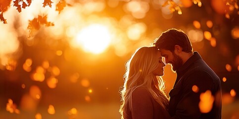 A romantic couple embraces under a golden sunset, surrounded by autumn leaves, capturing a moment of love and intimacy.