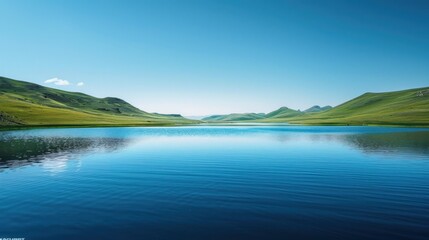 Serene lake reflecting mountains under a clear blue sky.