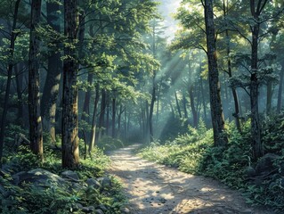 Obraz premium A serene forest path illuminated by soft sunlight and surrounded by lush greenery.