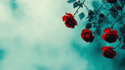   Red roses on a tree, blue sky with clouds