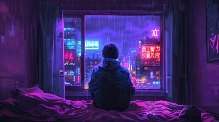 Fototapeta premium Person sitting on bed, watching rainy cyberpunk city at night.