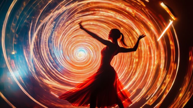 Woman in red dress dances in swirling light.