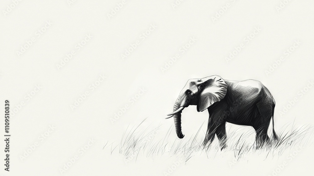 Poster an image of a black-and-white elephant standing in a field of tall grass, lifting its trunk high int