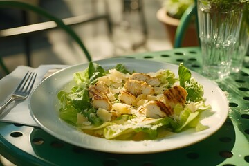 Salade César. A Caesar salad with romaine lettuce, croutons, parmesan, and grilled chicken on a white plate, set on a green table in a sunny Parisian terrasse