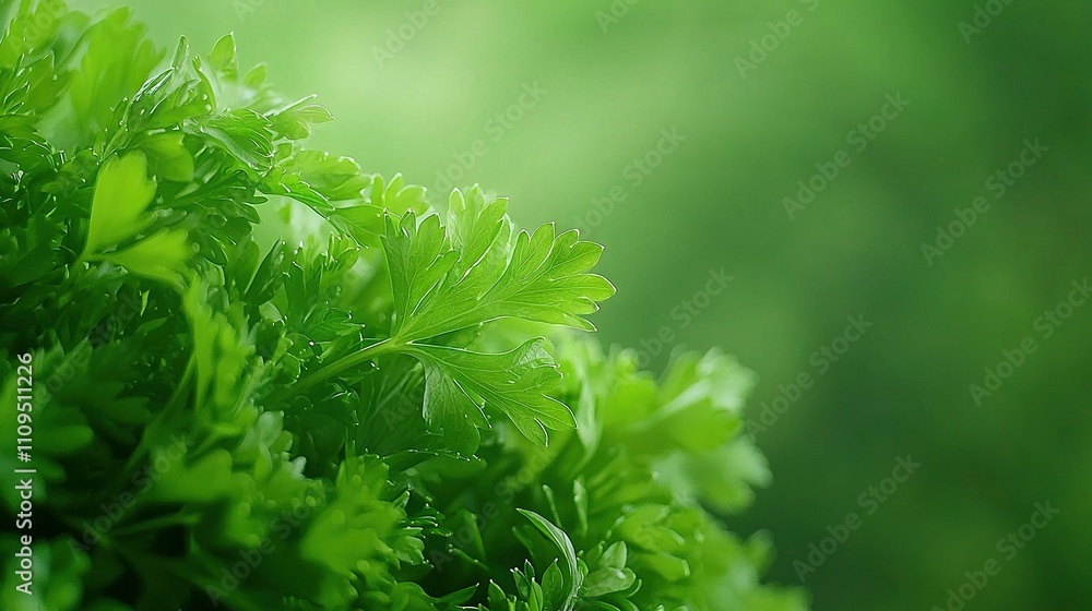 Poster a sharp focus on a green leafy plant with a blurred background of trees in the background