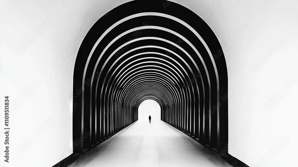 Poster a monochrome snapshot depicts a person strolling along one edge of a tunnel while the opposite end i