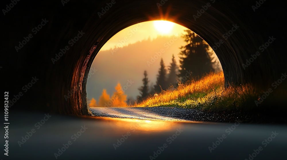 Poster a tunnel's exit with trees beyond it, signifies an end to a journey or problem