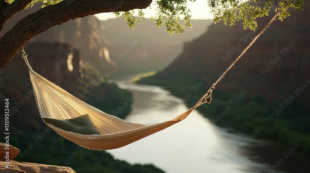 Poster a hammock dangles from a tree's side by the river, with a cliff in the background