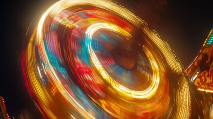 Abstract motion blur of a spinning carnival ride at night.