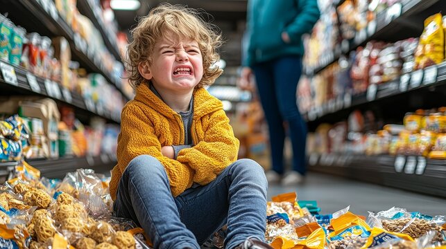 Young child crying amid snack packages in a grocery store aisle, showcasing a tantrum during shopping time with parent nearby.