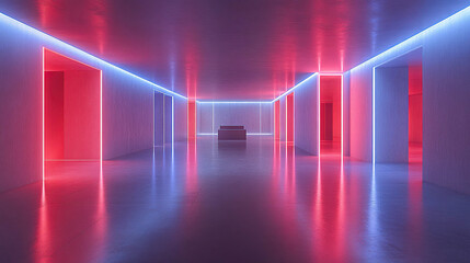Modern hallway with neon lighting in red and blue. AI-generated