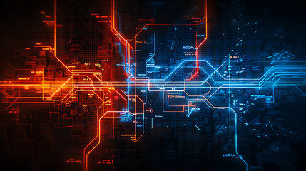 futuristic subway map illustration, futuristic subway map in blue and red lights, with hyper-realistic d rendering on a black background, high-res and detailed