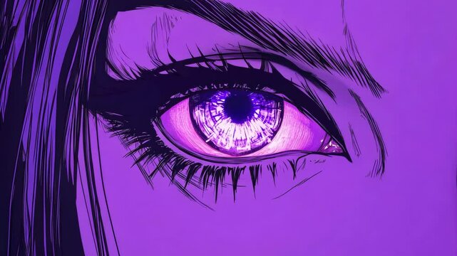 Intricate design of a closed eye with dramatic eyelashes set against a vibrant purple background