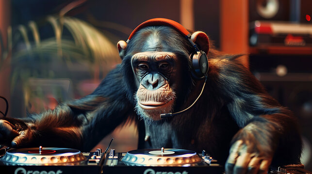 animal dj performance, a chimp in headphones spinning vinyl on a dj turntable