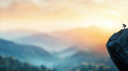   A person stands atop a cliff, a bird perched above as the sun sets