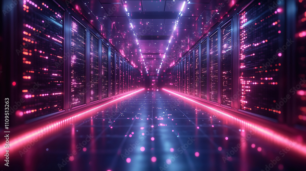 Poster vibrant digital corridor filled with glowing data streams in a high-tech server room during nighttim