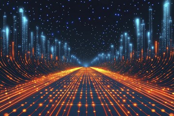 Register online application updates notification, vibrant digital aesthetic, bold orange and black colors, front view focus, with dynamic cityscape background.