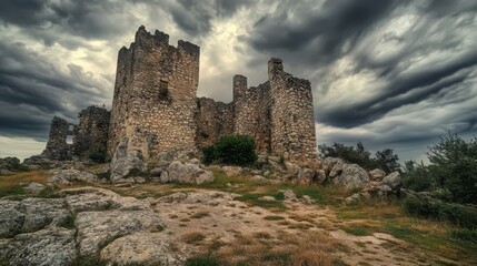 Ancient stone castle ruins on a hill under a dramatic sky.