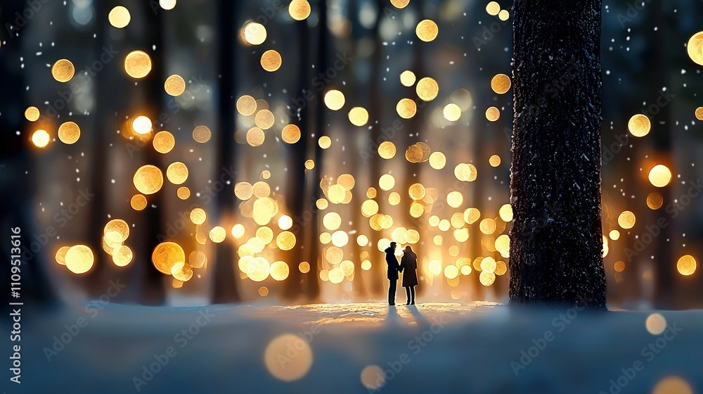 Poster two individuals standing amidst snow in front of a tree festooned with numerous dangling lights on i