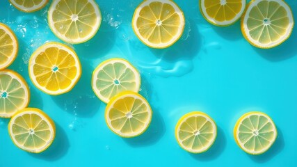 Fototapeta premium Lemon slices floating on a blue surface with water droplets, creating a refreshing and summery scene.