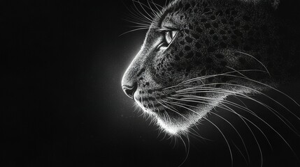   A sharp focus of a monochrome image of a cheetah's visage against a shadowy backdrop