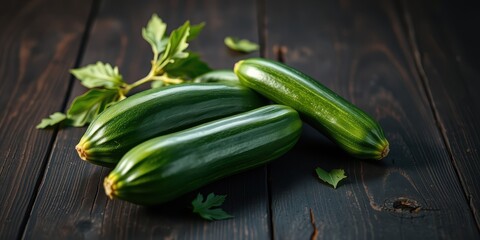 Three Vibrant Green Zucchini with Delicate Green Leaves Arranged on a Dark Wooden Surface