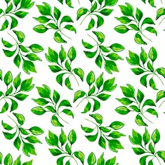 Watercolor seamless pattern with green leaves on a white background. Natural and fresh design is perfect for textiles, wallpapers and packaging.