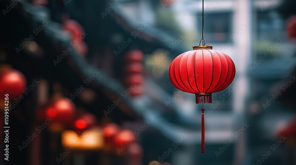 Poster a red lantern hangs from a string in front of a building, with red lanterns dangling from its sides