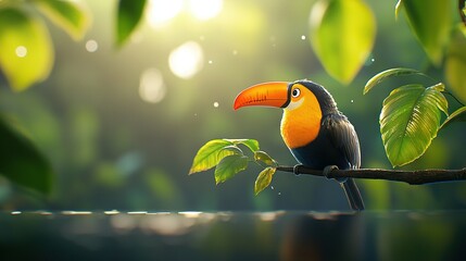   A toucan perched on a tree branch against a green leaf backdrop with sunlight illuminating the scene