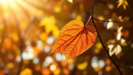 Obraz premium A single golden leaf, illuminated by the warm rays of the sun, hangs delicately from a branch, showcasing the intricate details of its veins against a backdrop of blurred autumn foliage.