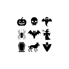 Silhouette of Halloween icon collection black cartoon set, halloween icons set vector, Halloween icon and character, witch, creepy and spooky elements for halloween, silhouettes, sketch, icon, sticker