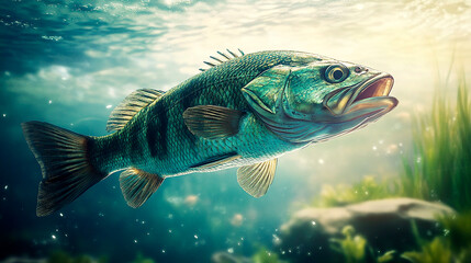 Fototapeta premium Detailed Underwater View of a Perch Fish Swimming in Clear Freshwater