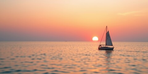 A sailboat glides across the tranquil ocean as the sun sets, painting the sky in a vibrant palette of orange and pink hues.