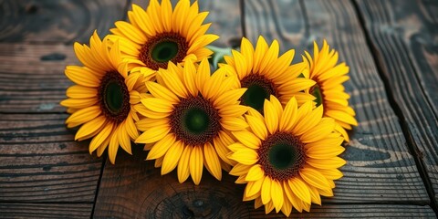 Obraz premium A cluster of vibrant sunflowers, their golden petals reaching out towards the sun, stand proudly on a weathered wooden surface.