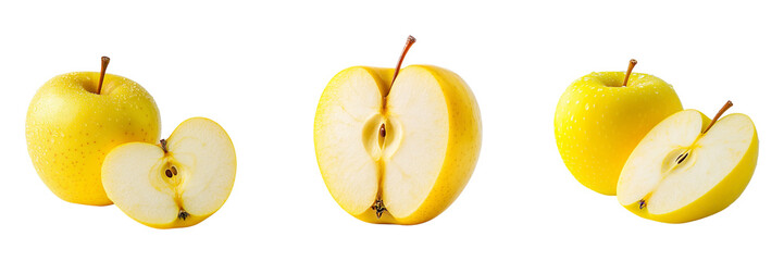 Set of yellow apple sliced in half isolated on a transparent background