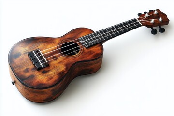 Dark wood soprano ukulele on white background.