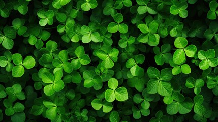 Fresh green clover leaves background to St. Patrick's Day banner, flyer, card, invite. Flat lay, top view 