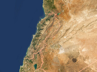 Physical map of the world, satellite view of the Middle East, Asia. Lebanon, Israel and Syria. Reliefs and oceans. 3d rendering. Elements of this image are furnished by NASA © Naeblys