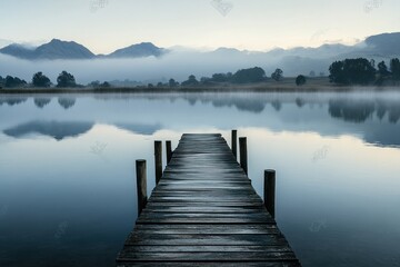 Naklejka premium Wooden dock extending into misty lake with mountains in background