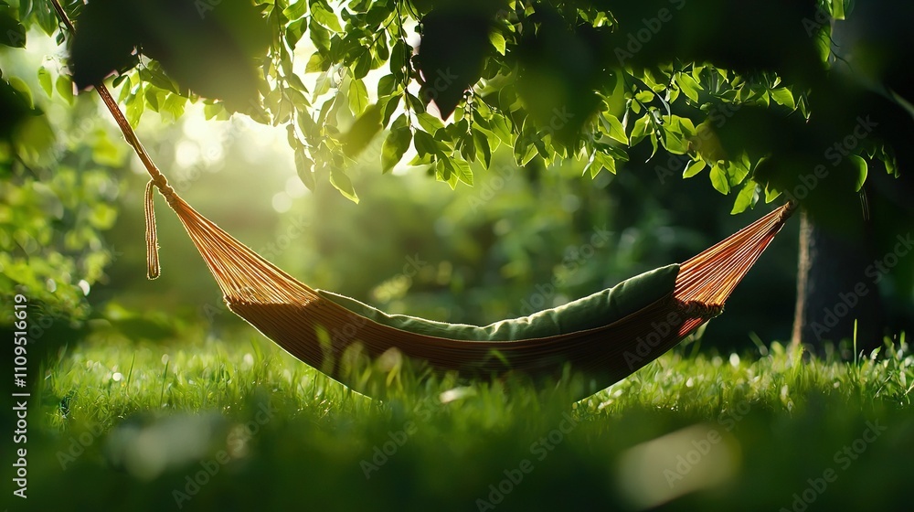 Poster a hammock dangles from a tree, bathed in sunlight filtering through the leafy canopy the lush grass 