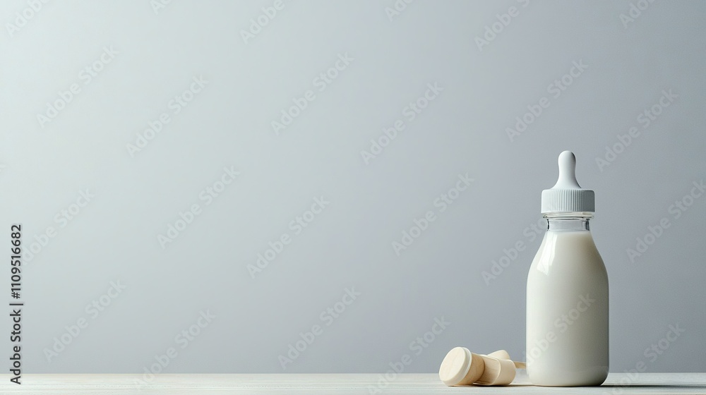 Poster a bottle of milk sits on a table, next to a small one and in front of another small one