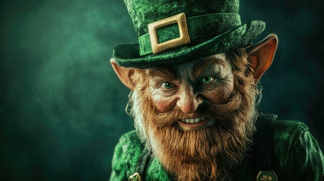 Angry leprechaun on green background with copy space. Leprechaun elf symbol of St. Patrick's Day. 